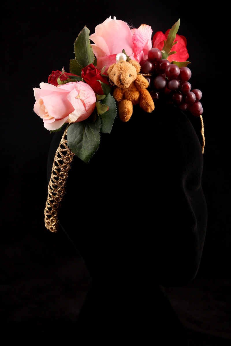"Roses, Grapes and Teddy Bear" Large Velvet Headband