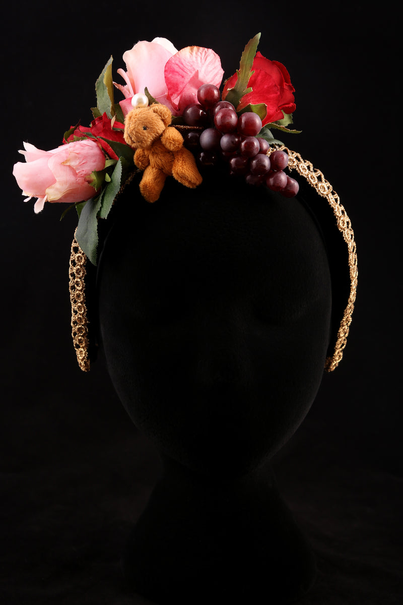 "Roses, Grapes and Teddy Bear" Large Velvet Headband