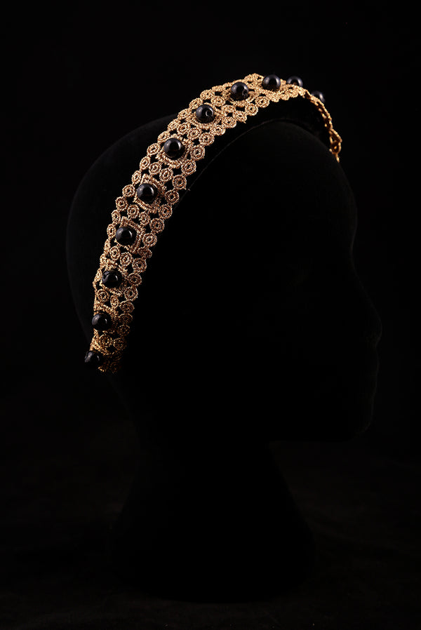 "Gold Adornment and Black Pearl" Large Velvet Headband