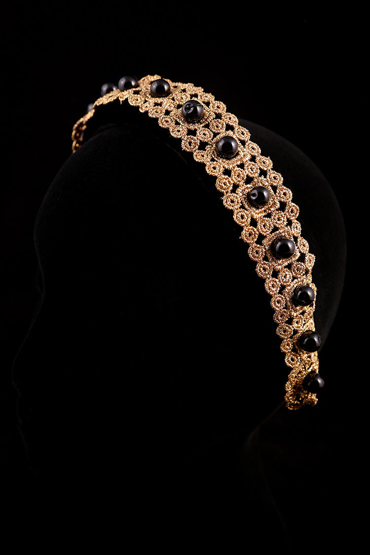 "Gold Adornment and Black Pearl" Large Velvet Headband