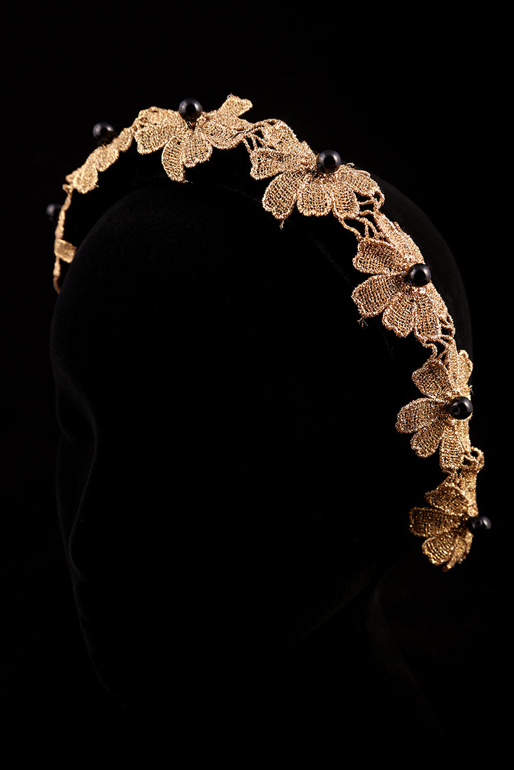 "Gold Flower and Black Pearl" Large Velvet Headband