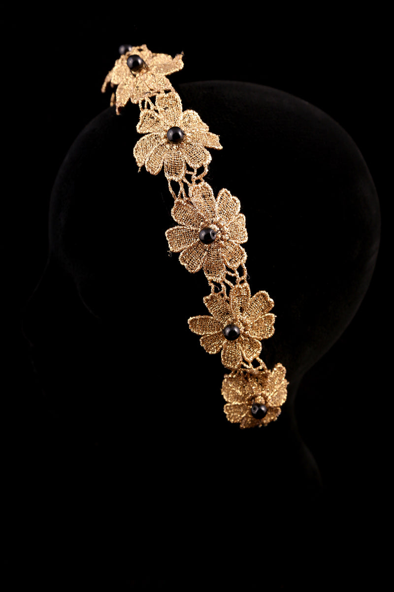 "Gold Flower and Black Pearl" Large Velvet Headband